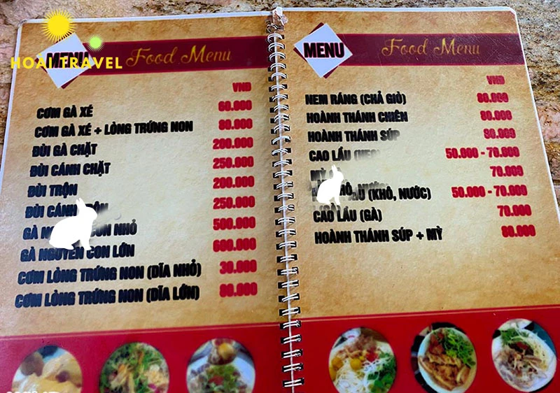 Menu các món ngon ở quán và bảng giá rõ ràng