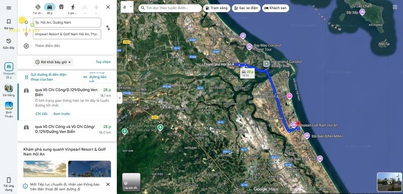 Khoảng cách và thời gian di chuyển từ Hội An đến Vinpearl Nam Hội An